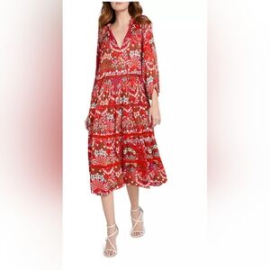 Alice + Olivia Layla oversized Red floral silky Tiered Ruffle Dress